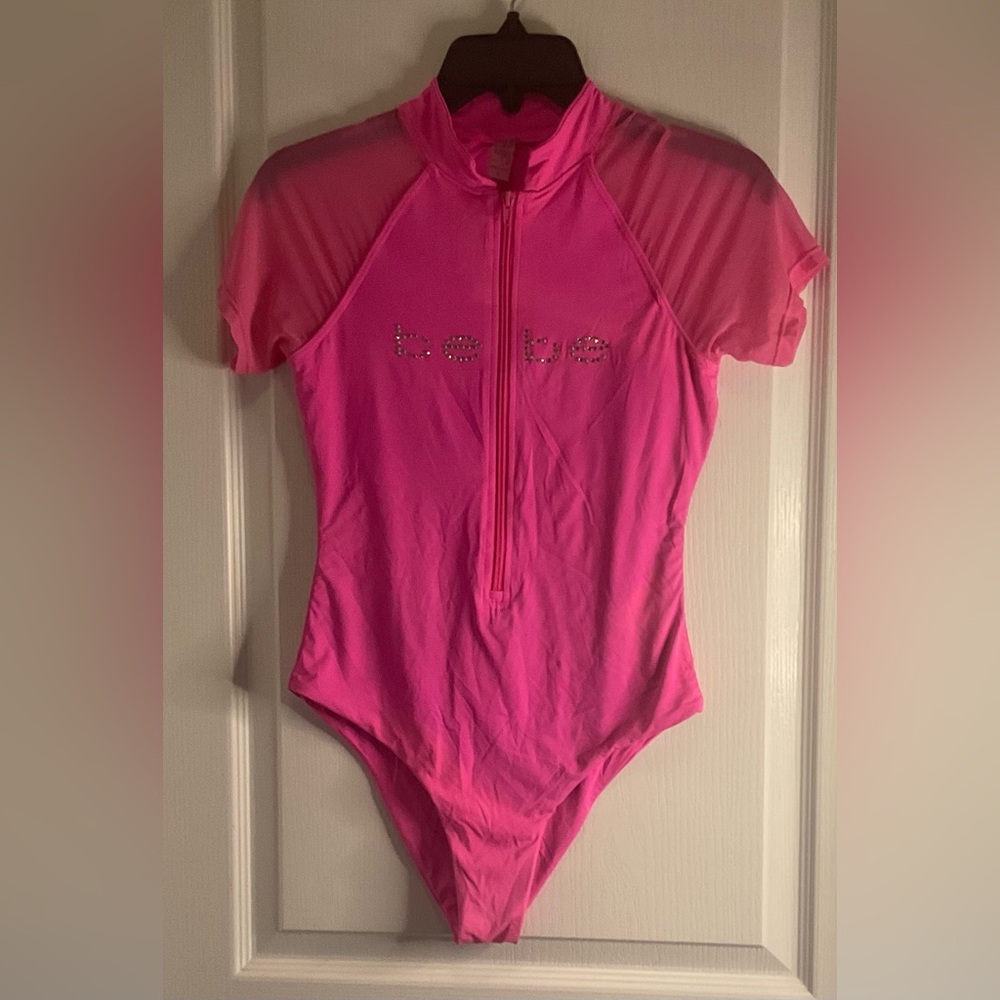 bebe Neon Pink Zip-Front Short Sleeve One-Piece Swimsuit